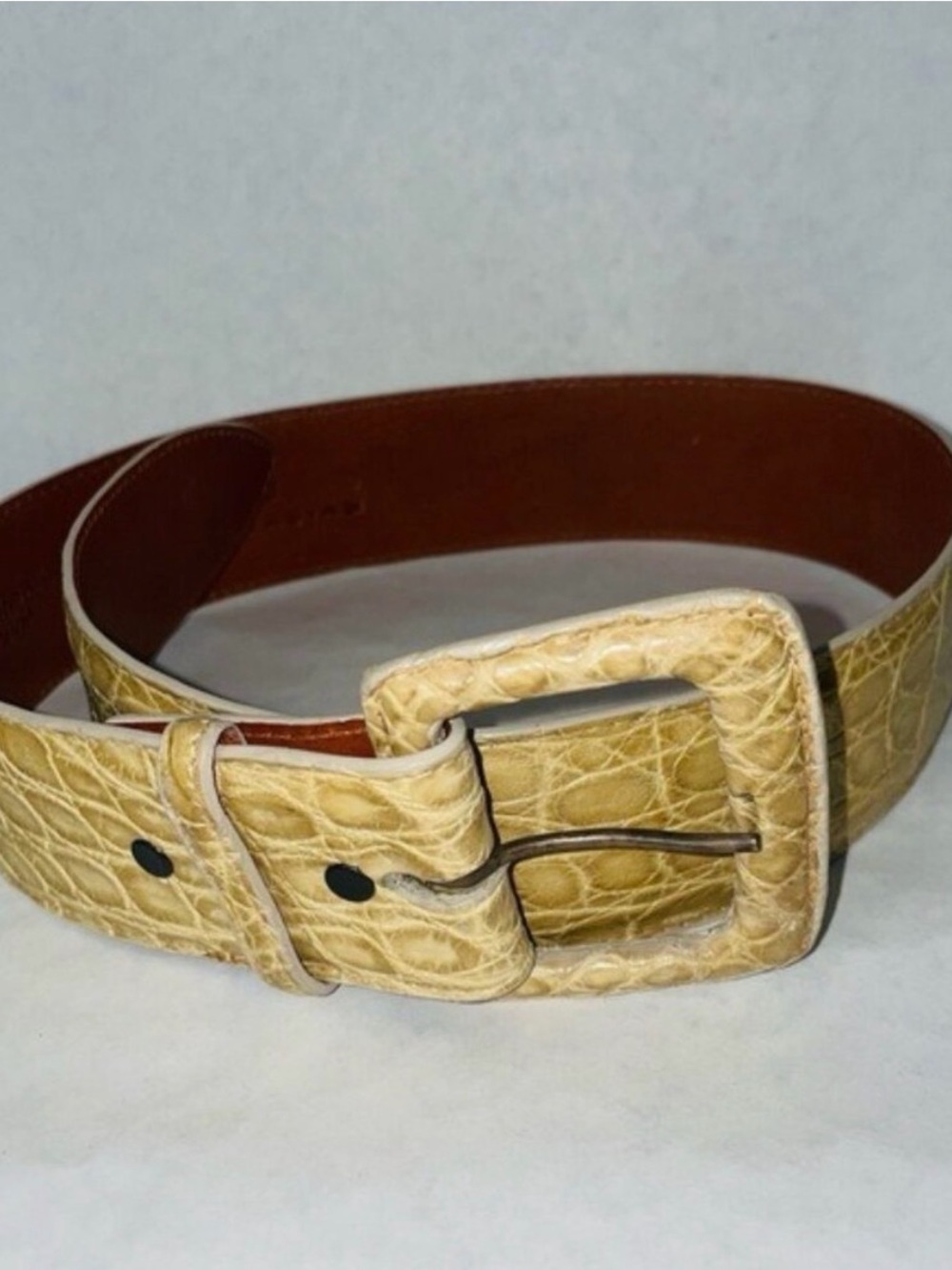 Cream Croc-Embossed Leather Belt with Covered Buckle